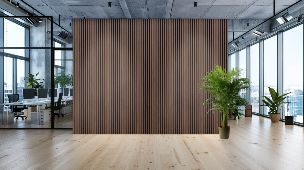 Modern office space with a wooden wall panel and large windows.